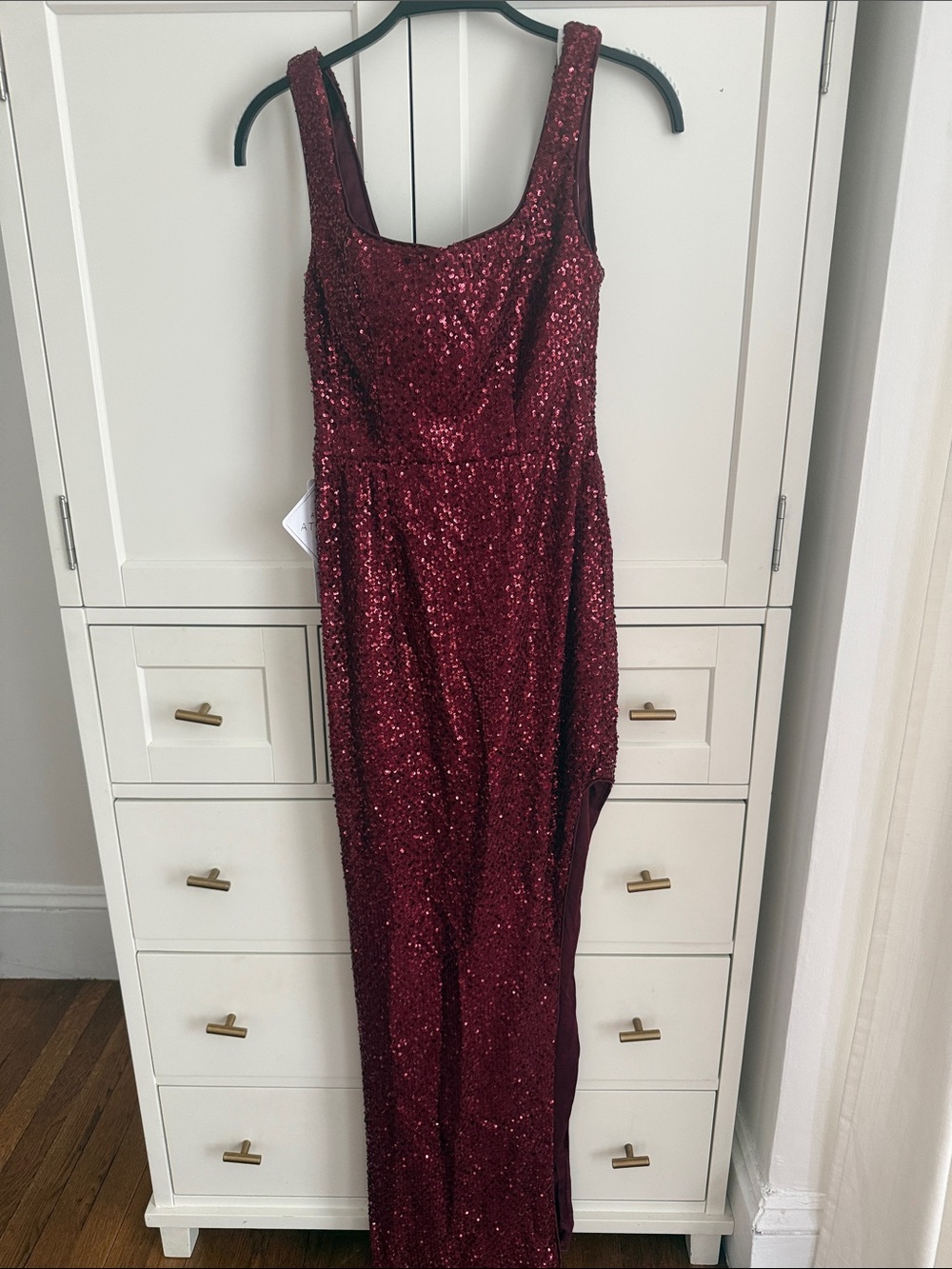 NWT Azazie Atelier Ruby red Burgundy Sequin Box Neckline Tank Gown Sz 0